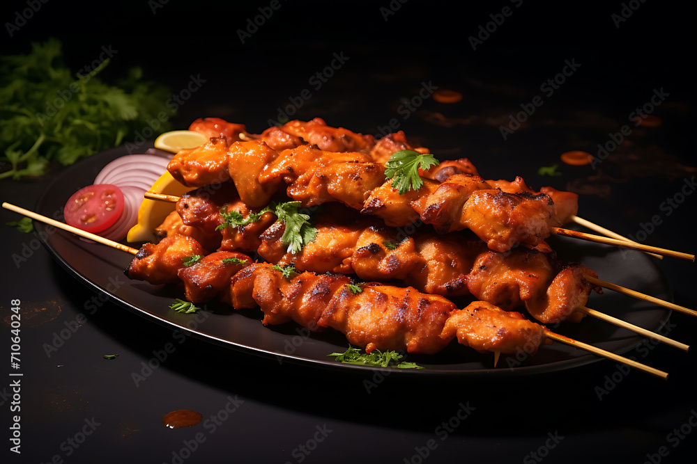 Most popular Indian chicken tikka on skewers, Indian tandoori chicken kabab spicy dish cuisine Generated by Ai