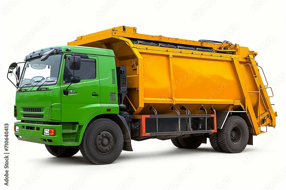 Waste disposal in action Garbage trucks emptying containers, isolated on white