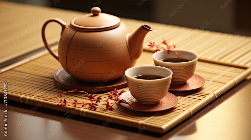 Japanese tea. Hot teapot and teacups on bamboo mat Japanese tea. Hot teapot and teacups on bamboo mat