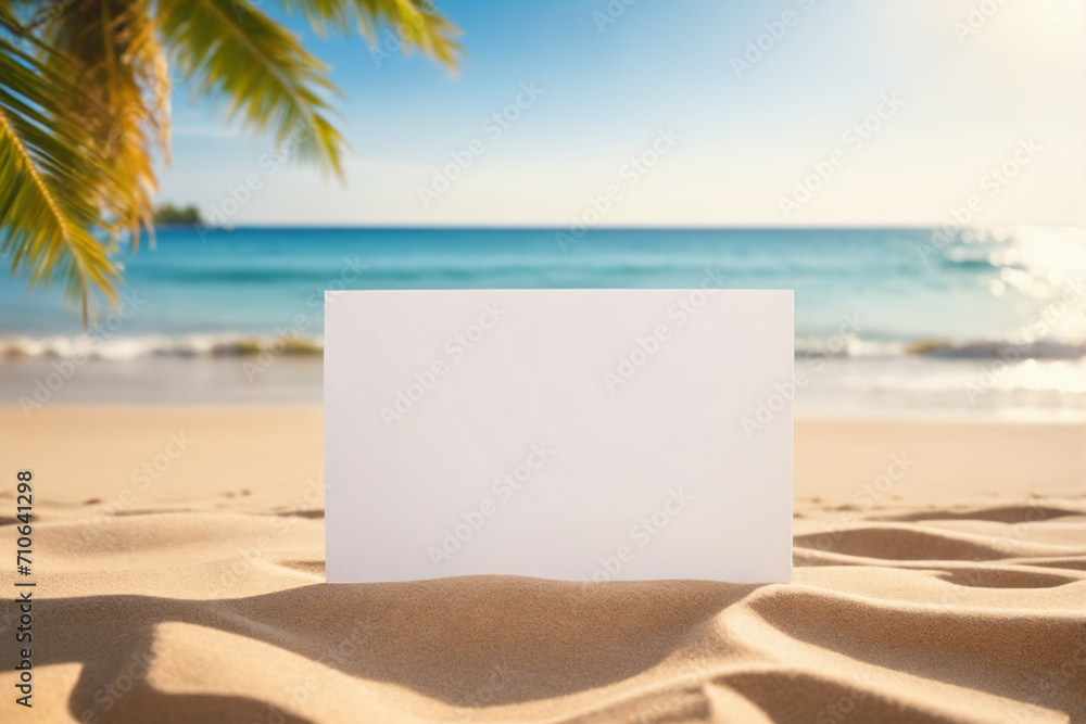 Sandy beach with empty white paper card for message design, blur sea and palm trees on background, Tranquil beach scene for travel inspirational - Mocup
