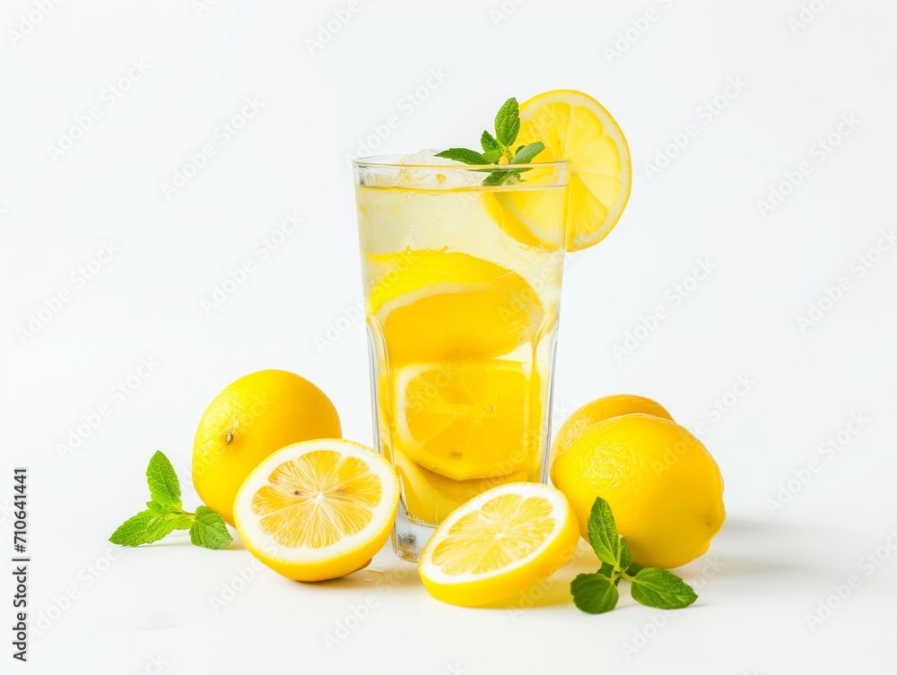 Design mockup. A refreshing glass of lemonade, with vibrant lemon slices, on a pure white background. Generative AI Design mockup. A refreshing glass of lemonade, with vibrant lemon slices, on a pure white background. Generative AI