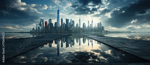 Cityscape with skyscrapers. Sunlight with gray clouds photo