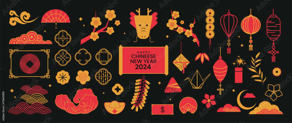 © TWINS DESIGN STUDIO - Chinese New Year element vector set. Cherry blossom flower, sea wave, dragon, lantern, cloud isolated icon of Asian Lunar New Year holiday decoration vector. Oriental culture tradition illustration. © TWINS DESIGN STUDIO - Chinese New Year element vector set. Cherry blossom flower, sea wave, dragon, lantern, cloud isolated icon of Asian Lunar New Year holiday decoration vector. Oriental culture tradition illustration.