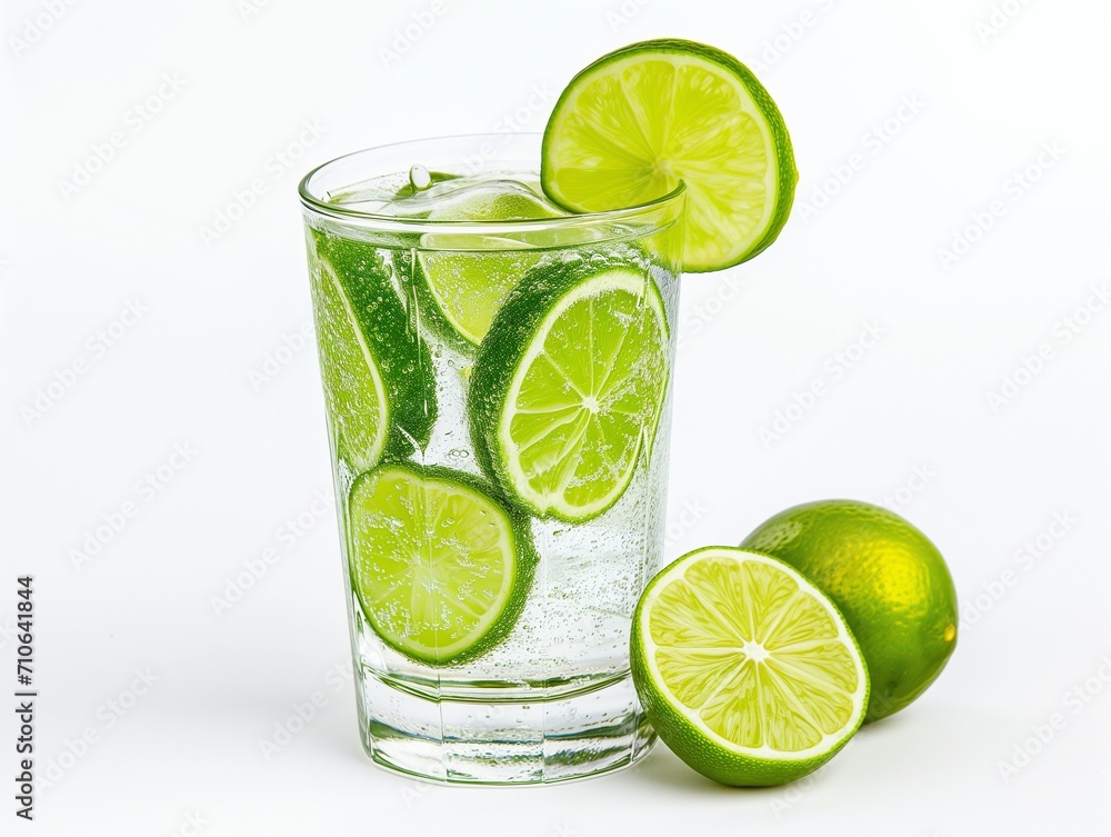 Visualize a cool glass of limeade, bright green lime slices visible, set against a stark white background. Generative AI Visualize a cool glass of limeade, bright green lime slices visible, set against a stark white background. Generative AI