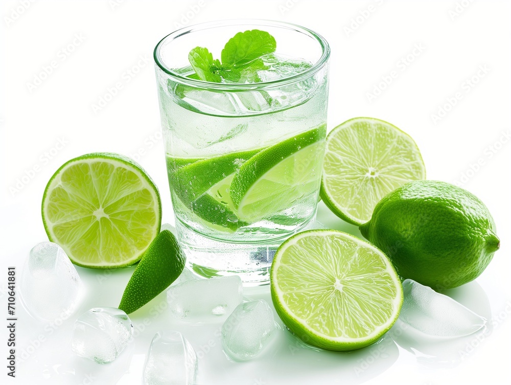 Visualize a cool glass of limeade, bright green lime slices visible, set against a stark white background. Generative AI Visualize a cool glass of limeade, bright green lime slices visible, set against a stark white background. Generative AI