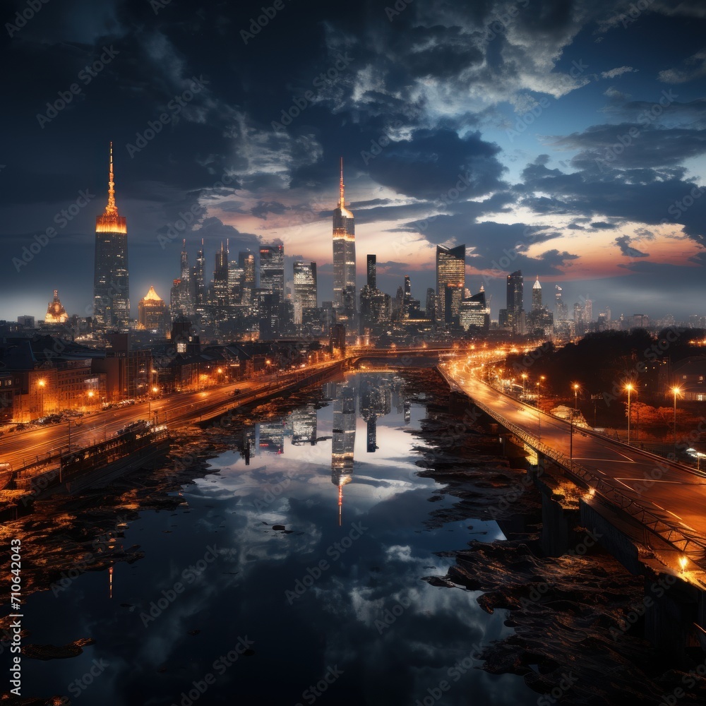 Photo of an illuminated city skyline from a high vantage point. Generative AI