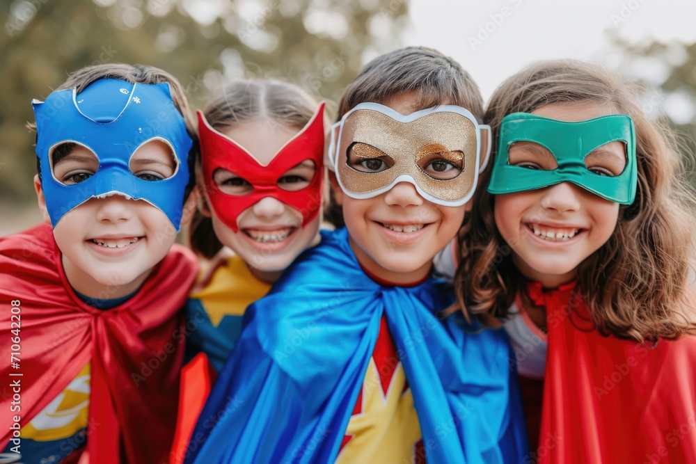 Group of young children wearing superhero masks. Ideal for children's parties and superhero-themed events