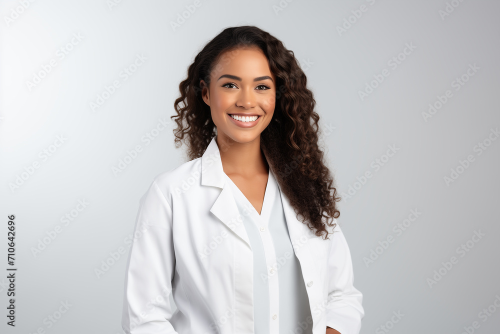 Portrait of smiling female doctor in white coat looking at camera. Happy female doctor in hospital. Portrait of woman doctor wearing uniform stand isolated on grey studio background. Portrait of smiling female doctor in white coat looking at camera. Happy female doctor in hospital. Portrait of woman doctor wearing uniform stand isolated on grey studio background.