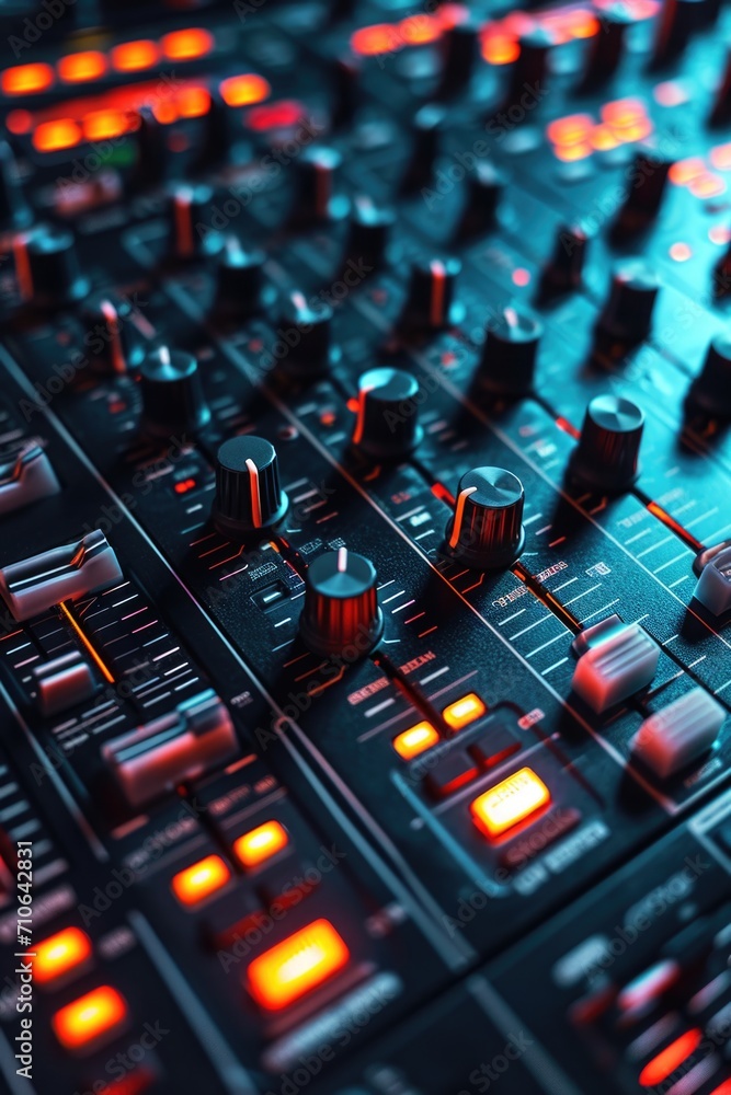 A close-up view of a sound board with numerous knobs and controls. Ideal for illustrating audio engineering, music production, or live sound mixing. A close-up view of a sound board with numerous knobs and controls. Ideal for illustrating audio engineering, music production, or live sound mixing.