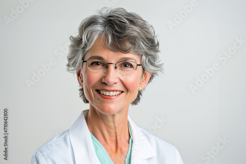 Portrait of smiling mature female doctor in white coat looking at camera. Happy female doctor in hospital. Portrait of senior woman doctor wearing glasses and uniform stand isolated on grey studio  photo