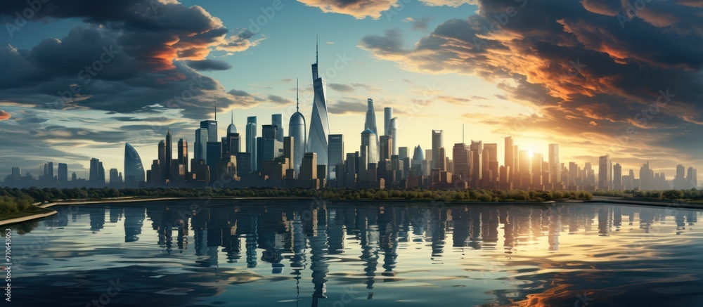 Fototapeta premium Cityscape with skyscrapers. Sunlight with gray clouds