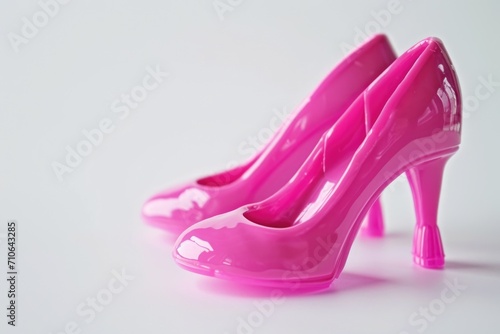 A pair of pink high heeled shoes on a white surface. Perfect for fashion-related projects