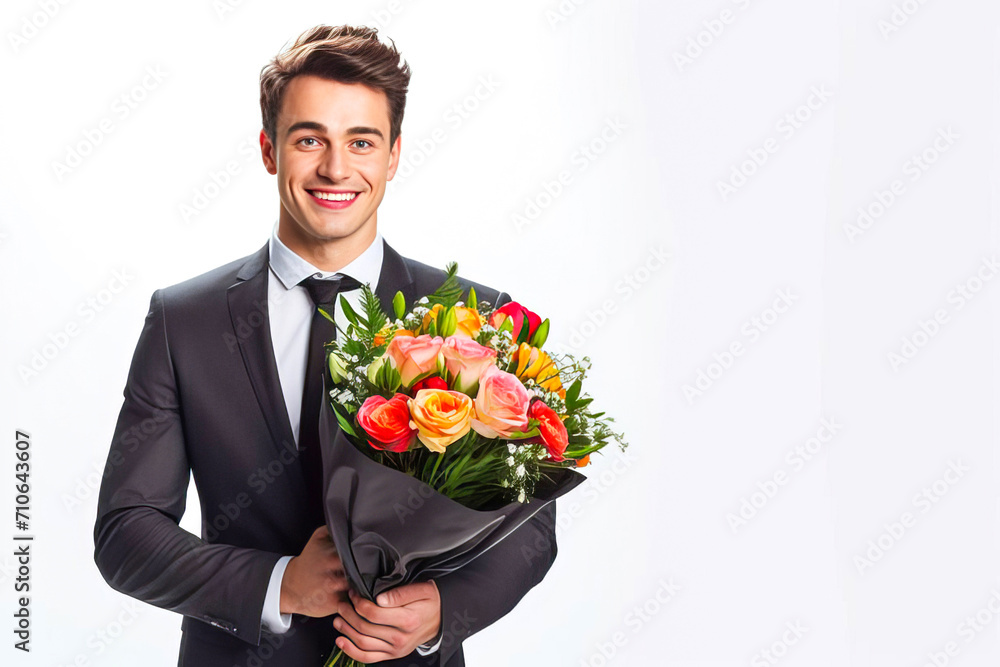 Young man in a classic suit with a tie holds a bouquet and smiles. Young man in a classic suit with a tie holds a bouquet and smiles.