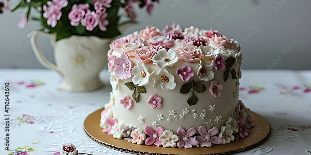 Beautiful cake decorated with fresh flowers, wedding cake,birthday cake .