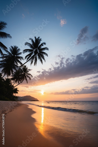 Silhouette of tropical beach during sunset twilight, seascape of summer beach and palm tree at sunset © Giuseppe Cammino