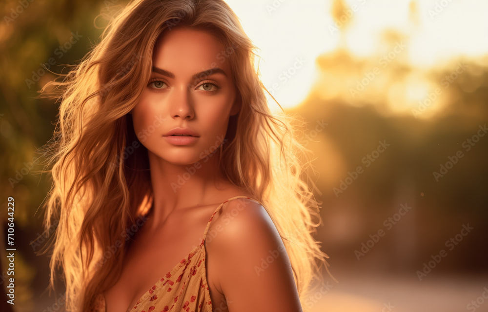 Stunning young woman with flowing hair in golden hour light Stunning young woman with flowing hair in golden hour light