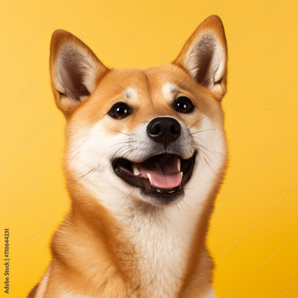 Shiba inu dog on yellow background.