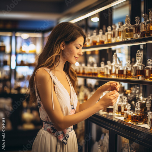 Woman looking at perfumes in perfume shop.