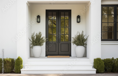 Elegant home entrance with black door and decorative plants