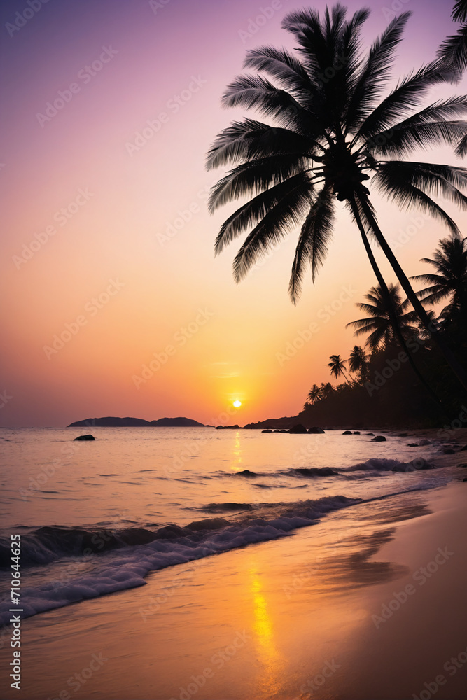 Silhouette of tropical beach during sunset twilight, seascape of summer beach and palm tree at sunset