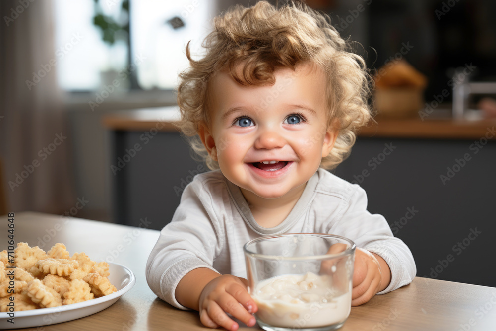 Satisfied baby eats simple food. First feeding, baby food.