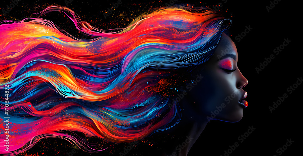 Silhouette of a black woman with abstract colorful hair in liquid motion against a dark background, perfect for black history month concept art. Silhouette of a black woman with abstract colorful hair in liquid motion against a dark background, perfect for black history month concept art.