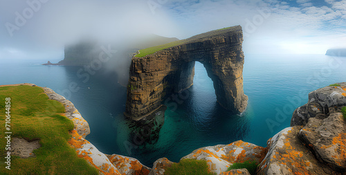 The beautiful Drangarnir Arch on the Faroe Islands, Atlantic ocean landscape with cliff
 photo