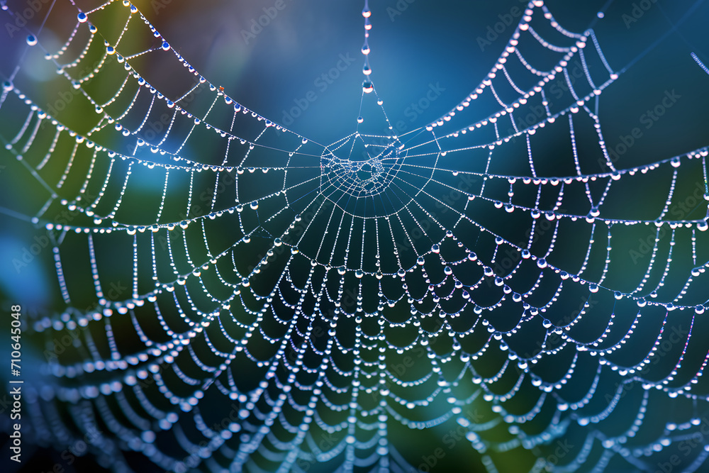 Naklejka premium Zartes Wunder: Spinnennetz im Morgentau, Naturkunst im ersten Licht des Tages