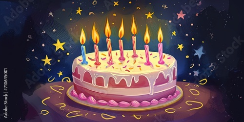 Sweet beautifully decorated cake with candles  birthday party  background  wallpaper.