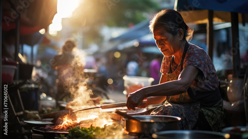 Thai woman cooking food on the street. Asian thai local street food © brillianata