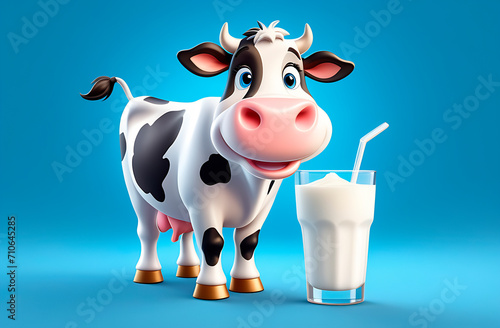 Cute cartoon smiling cow and big glass of milk with straw on a blue background