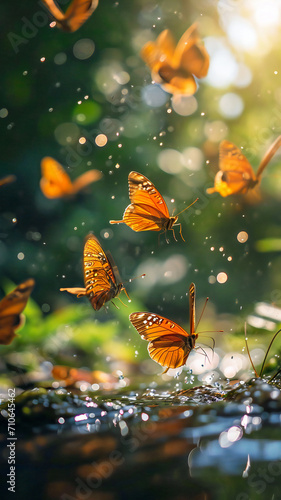 A tranquil scene with butterflies in a beautiful morning light