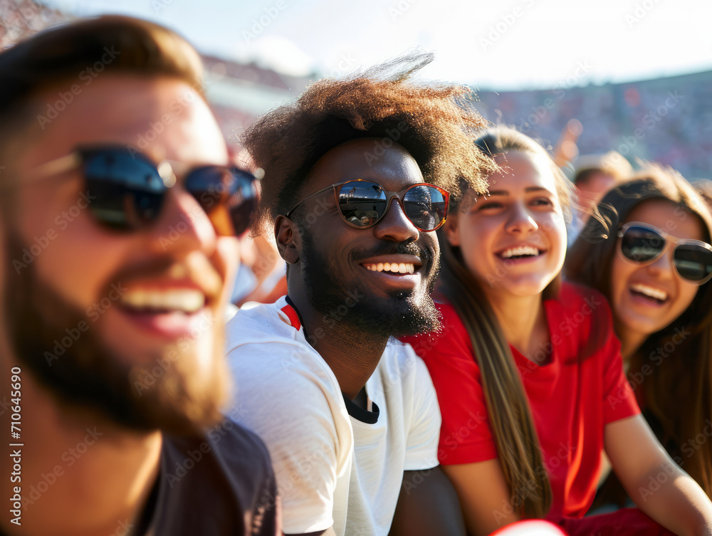 Group of cheerful young people having fun at the stadium during the music festival