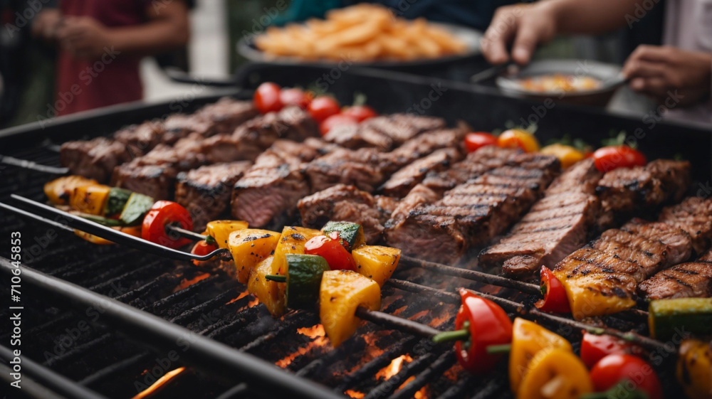 Barbeque grill with delicious grilled meat and vegetables on blurred party people background High quality photo
