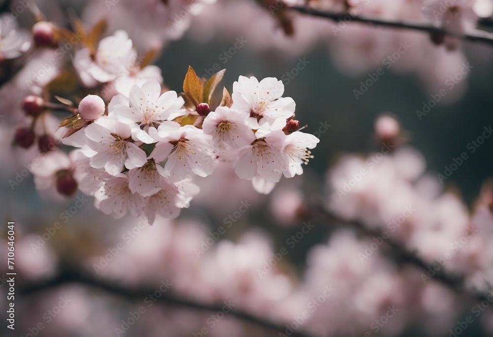 Cherry blossom in full bloom Cherry flowers in small clusters on a cherry tree branch fading in to w Cherry blossom in full bloom Cherry flowers in small clusters on a cherry tree branch fading in to w