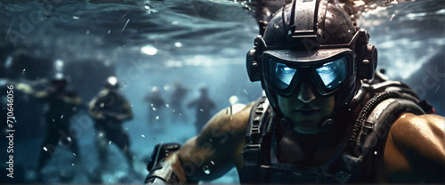 cyborg soldier fighting in underwater in ocean zone using weapon underwater conquer the seas with battleships, warships, and frigates in an epic battle of the oceans photo