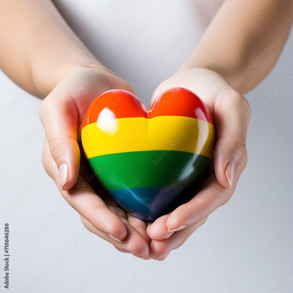 hand and pride LGBT rainbow heart on white background High quality photo hand and pride LGBT rainbow heart on white background High quality photo