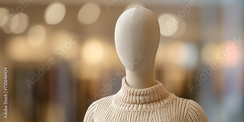 Beige Fashion Mannequin in Boutique Display on minimal simple background with copy space, banner template. Elegant headless mannequin, showcased in a boutique setting. photo