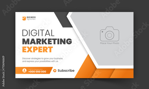 Corporate creative YouTube thumbnail and social media cover design, digital marketing agency live video streaming for business promotion on abstract orange colorful shapes and white background photo