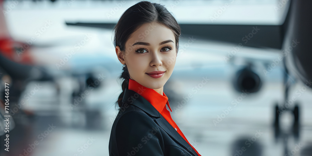 Portrait of a smiling asian flight attendant woman in uniform standing confidently by a commercial airplane. Confident Flight Attendant by Aircraft, copyspace.