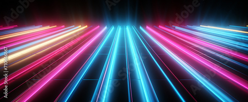 3D glowing pink blue neon lines on Black background High quality photo