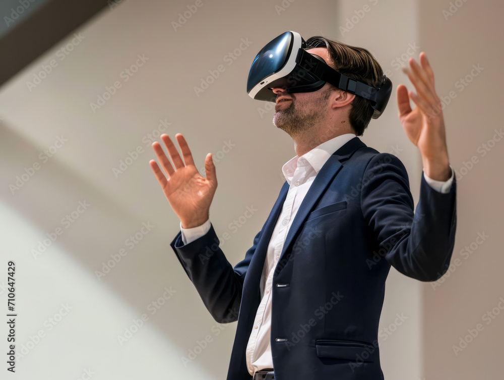 Businessman wearing virtual reality goggles and gesturing while standing inside office building Businessman wearing virtual reality goggles and gesturing while standing inside office building