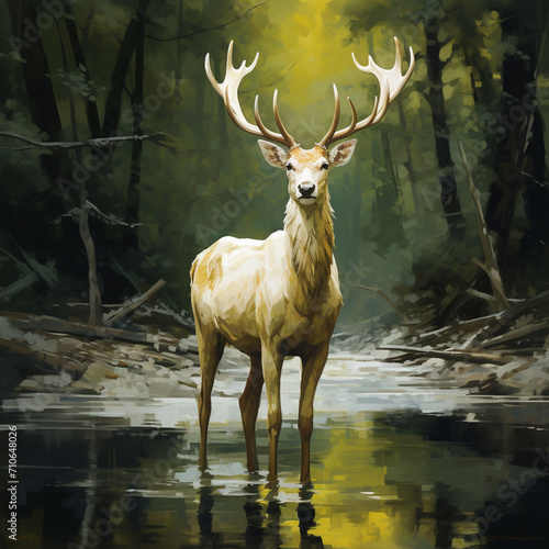 Stag of white color horns and yellow color body standing in dirty water in forest_