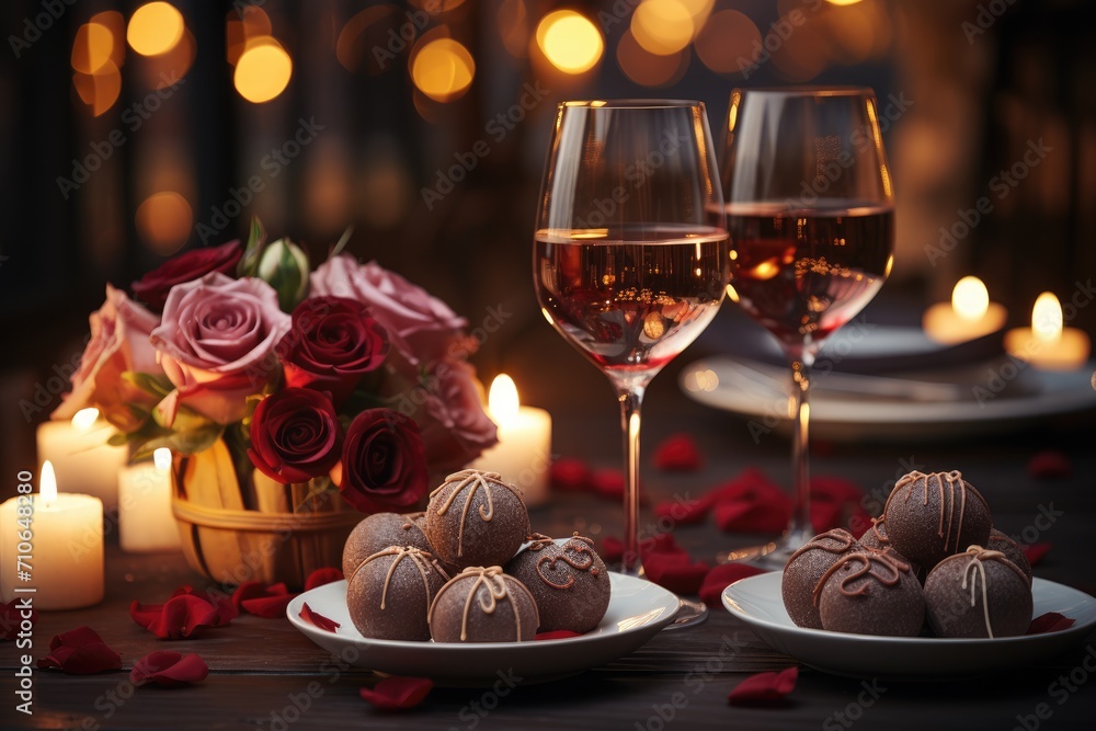 Glasses of wine, chocolates and a bouquet of roses for a romantic setting for Valentine's Day