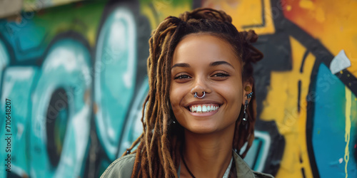 Young african woman with long dreadlocks and nose piercing smiling against a vibrant graffiti background with copy space. Urban Style: Smiling Woman with Dreadlocks. photo