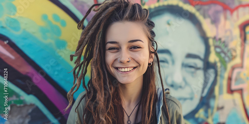Young woman with long dreadlocks and nose piercing smiling against a vibrant graffiti background with copy space. Urban Style: Smiling Woman with Dreadlocks.