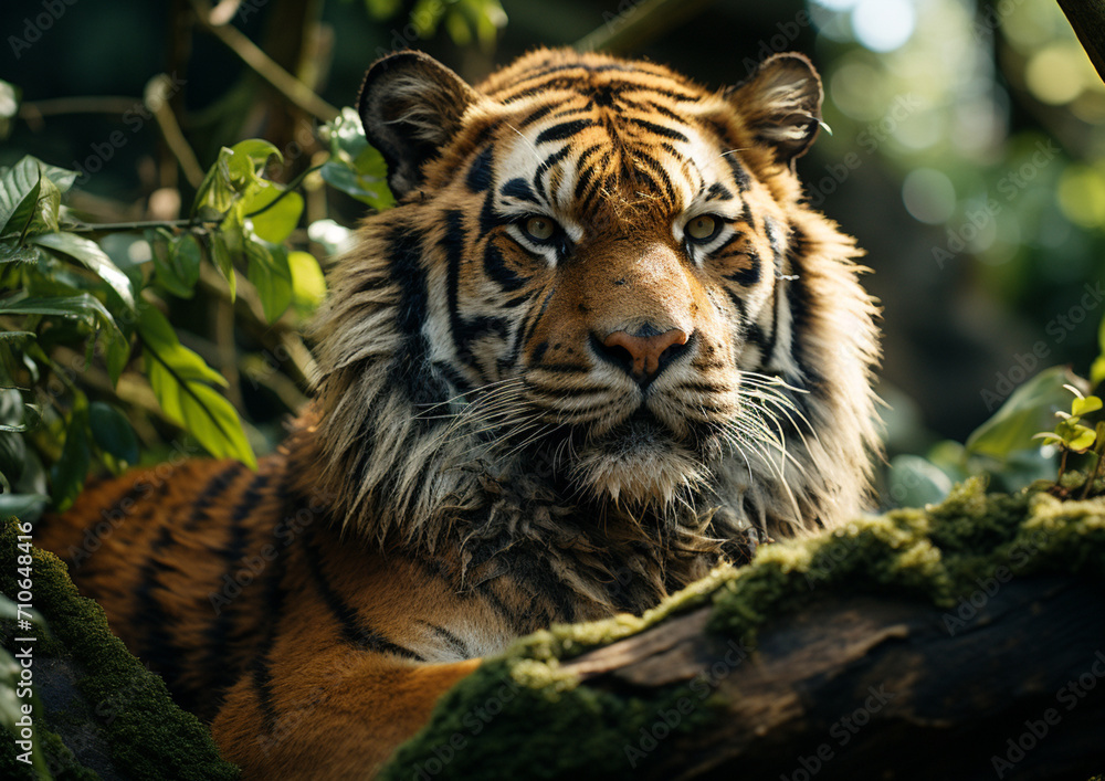 Fototapeta premium A tiger sitting at the mound in forest High quality photo