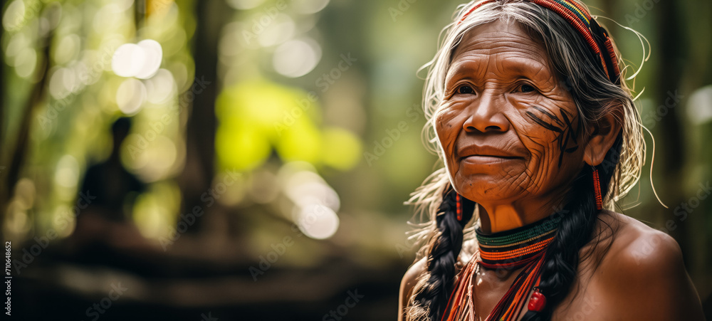 Reflective elder indigenous woman with facial markings in nature