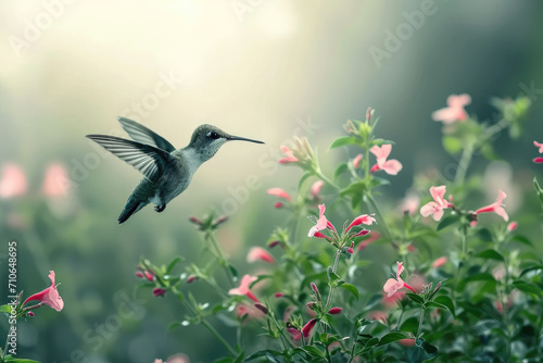 Hummingbird and flowers, nature background