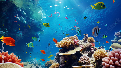 Coral underwater world. Coral tropical reef. Underwater world. Fishes in a coral reef. Colorful corals with fish.